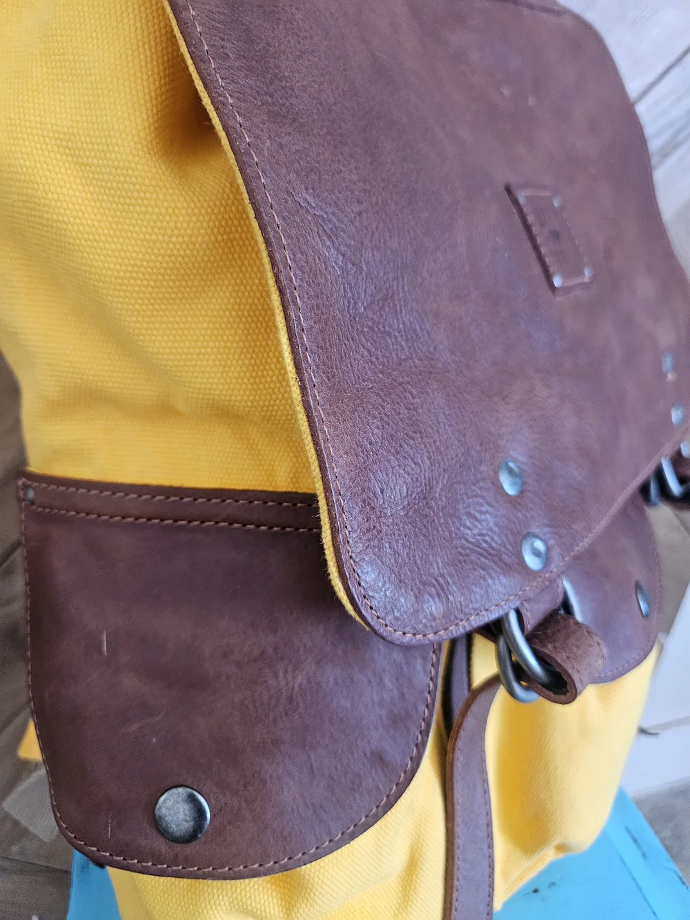 Will Leather Goods Yellow Canvas and Brown Leather Backpack NEW